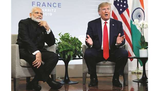 US President Donald Trump speaks as he meets Indian Prime Minister Narendra Modi for bilateral talks during the G7 summit in Biarritz, France. Speculation is high that US could consider reinstating Indiau2019s designation as a beneficiary developing nation under the key GSP trade programme as part of a potential trade deal between the two countries and both the countries will announce a trade package during Modiu2019s US visit.