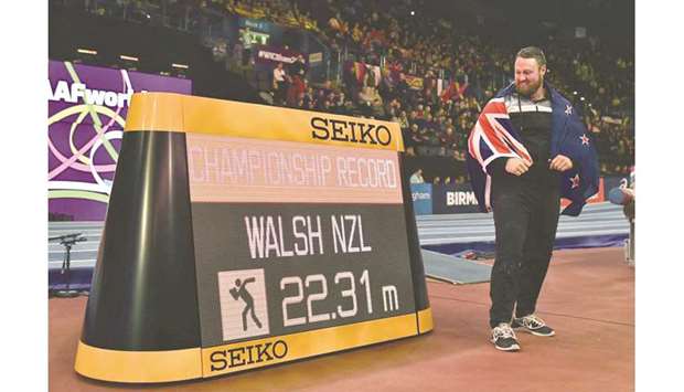 In this March 3, 2018, picture, New Zealandu2019s Tom Walsh celebrates winning the menu2019s shot put final at the 2018 IAAF World Indoor Championships in Birmingham. (AFP)