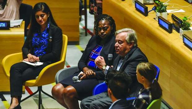 UN Secretary General Antonio Guterres speaks next to the youth climate activists at the event, (left to right) Komal Karishma Kumar, Wanjuhi Njoroge, Greta Thunberg and Bruno Rodriguez at the first ever United Nations Youth Climate Summit yesterdat in New York City.
