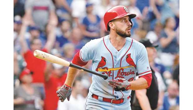 St. Louis Cardinals shortstop Paul DeJong tosses his bat after hitting a home run against the Chicago Cubs during the ninth inning at Wrigley Field. PICTURE: USA TODAY Sports
