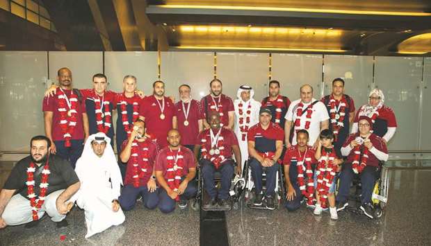 Qataru2019s West Asian Para Games contingent pose after their arrival in Doha yesterday.