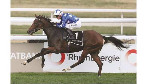 Jason Watson rides Aspetar to Preis von Europa (Group 1) victory in Cologne, Germany, yesterday. (Marc Ruhl)