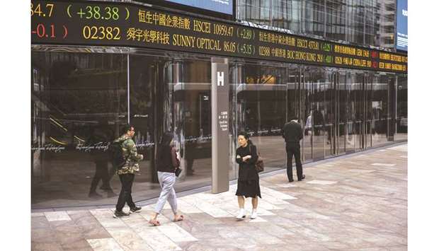 Pedestrians walk past an electronic ticker board displaying stock figures outside the Exchange Square complex, which houses the Hong Kong Stock Exchange (file). The Hang Seng index fell 0.8% to 26,228.74 points yesterday.