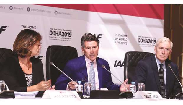 International Association of Athletics Federations president Sebastian Coe (L) and the head of IAAF Inspection Team, Rune Andersen, address the media ahead of the IAAF World Championships yesterday. The IAAF said it would  maintain a ban on the Russian athletics federation pending analysis of data from the Russian anti-doping laboratory covering the 2011-2015 period when state-sponsored doping was prevalent.