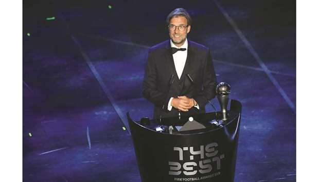 Liverpool coach Jurgen Klopp speaks after winning the Best FIFA Menu2019s Coach of 2019 award in Milan. (AFP)