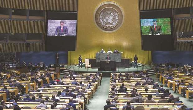 His Highness the Amir Sheikh Tamim bin Hamad al-Thani speaking at the UN General Assembly in New York yesterday.