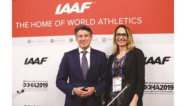 IAAF president Sebastian Coe and IAAF vice-president Ximena Restrepo pose during the press conference in Doha yesterday. (Reuters)