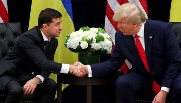 Ukraine's President Volodymyr Zelenskiy greets Trump during a bilateral meeting on the sidelines of the 74th session of the United Nations General Assembly (UNGA) in New York