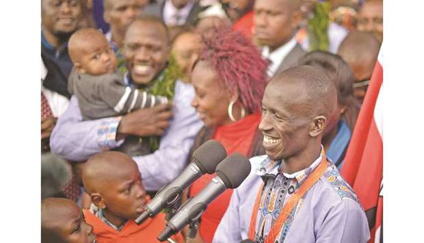 In this September 1, 2015, picture, 3,000m steeplechase gold medallist at the 2015 IAAF World Championships Ezekiel Kemboi addresses his fans in Nairobi, Kenya. Kemboi, who has the most medals won in a single event, including four golds and three silvers, led a Kenyan clean sweep of the event in Beijing with Conseslus Kipruto and Brimin Kipruto finishing second and third respectively. (AFP)