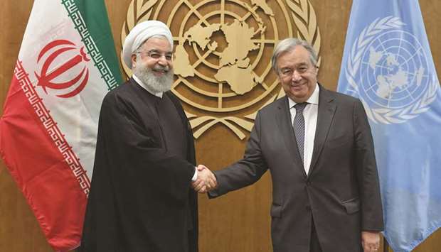 President of Iran Hassan Rouhani meets with United Nations Secretary-General Antonio Guterres at the United Nations in New York, yesterday.
