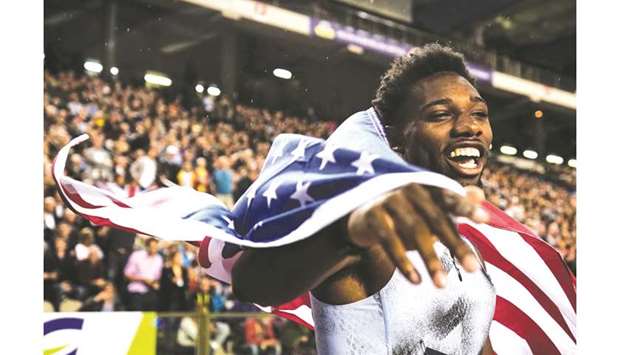 In this file photo taken on September 6, 2019, Noah Lyles celebrates after winning in the 200m race during the IAAF Diamond League competition in Brussels.