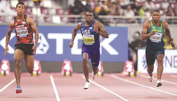 (L-R) Japanu2019s Abdul Hakim Sani Brown, USAu2019s Christian Coleman and Brazilu2019s Rodrigo Do Nascimento compete in the 100m heats in the 2019 IAAF World Athletics Championships at the Khalifa International stadium in Doha yesterday.