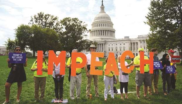 Protesters hold up letters reading u2018impeachu2019 in front of the US Capitol building during the u2018Peopleu2019s Rally for Impeachmentu2019 on Capitol Hill, Washington, DC.