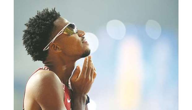 Abderrahman Samba of Qatar reacts after the 400m hurdles semi-finals yesterday.
