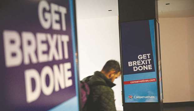 Conservative Party banners are seen at Manchester Central convention centre, the venue of the annual Conservative Party conference, in Manchester, northwest England, on the eve of the start of the conference.