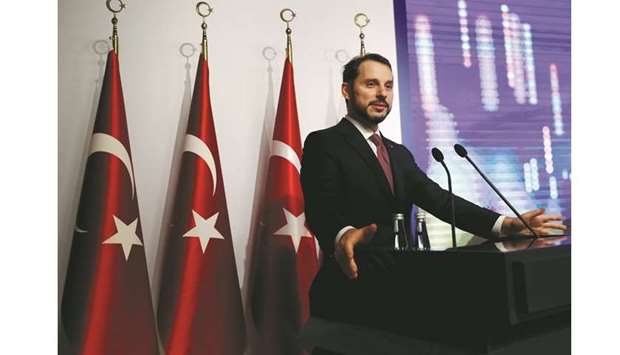 Turkish Treasury and Finance Minister Berat Albayrak speaks during a presentation in  Istanbul (file). A presentation by Albayrak yesterday showed the major emerging market economy was expected to grow by 0.5% in 2019 and 5% in 2020, compared to last yearu2019s forecast of 2.3% growth for this year and 3.5% for next.