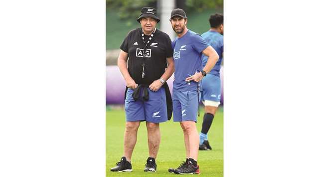 New Zealandu2019s head coach Steve Hansen (left) and assistant coach  Nic Gill take part in a team training session in Beppu, Japan, yesterday. (AFP)