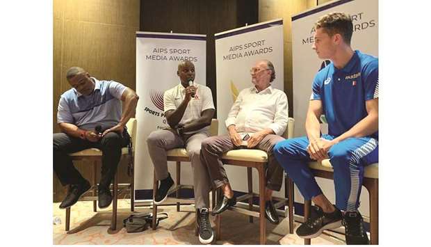 (From left) Former American sprinters Leroy Burrell and Carl Lewis, International Sports Press Association (AIPS) president Gianni Merlo and Italian athlete Fillipo Tortu at an AIPS event in Doha yesterday.