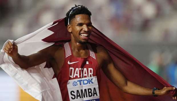 Qatar\'s Abderrahman Samba celebrates winning bronze in Men\'s 400m Hurdles final. PICTURE: Jayan Orma