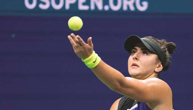 Bianca Andreescu of Canada serves to Taylor Townsend of the US during their Round Four match at the US Open on Monday. (AFP)