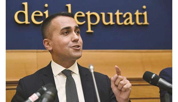 M5S head and outgoing Italy Labor and Industry Minister and deputy PM Luigi Di Maio speaks during a news conference in Rome yesterday.