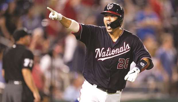 Washington Nationals catcher Kurt Suzuki reacts after hitting walk off three run home run in the ninth inning against the New York Mets at Nationals Park. Picture: USA TODAY Sports