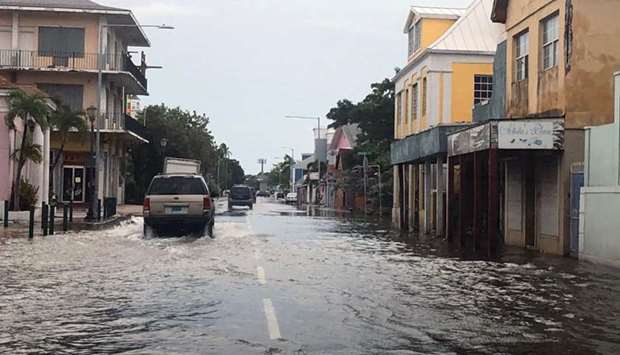 View of a flooded street in downtown Nassau, Bahamas