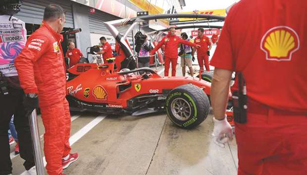 Ferrariu2019s Monegasque driver Charles Leclerc leaves the pits during the first practice session in Monza, Italy, yesterday. (AFP)