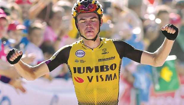 Team Jumbo rider US Sepp Kuss reacts after winning the 15th stage of the 2019 La Vuelta in Cangas del Narcea yesterday. (AFP)