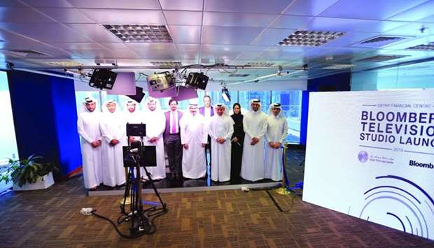 HE the Minister of Commerce and Industry Ali bin Ahmed al-Kuwari along with Bloomberg and QFC officials at the launch of Bloomberg Television studio. The agreement includes a remote Bloomberg Television studio for live reports at the QFC in Doha, adding the major financial capital to existing remote locations elsewhere in the region.