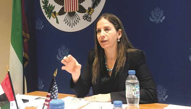Sigal P Mandelker, US Treasury Under Secretary for terrorism and financial intelligence, talks to journalists at the US Embassy in Abu Dhabi on Sunday. The Treasury has issued over 30 rounds of curbs targeting more than 1,000 Iran-related entities, Mandelker said.
