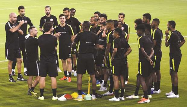 Qatar coach Felix Sanchez conducts a training session ahead of todayu2019s match against India. PICTURES: Noushad Thekkayil