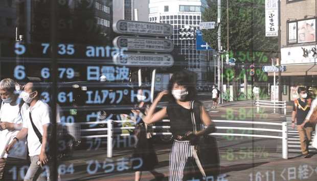 Pedestrians wearing protective masks are reflected on an electronic stock board outside a securities firm in Tokyo. The Nikkei 225 closed 1.6% down at 22,908.97 points yesterday.