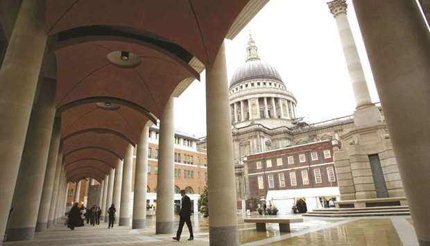 The walkway seen outside the London Stock Exchange building in Paternoster Square. The FTSE 100 closed up 0.5% to 6,032.09 points yesterday.