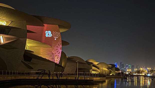 The Doha 2030 Asian Games bid logo projected on to the National Museum of Qatar on Tuesday
