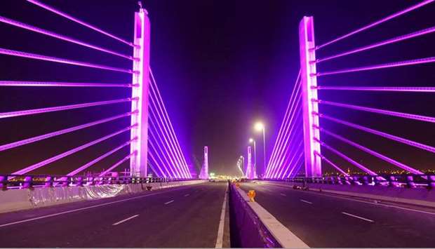 The lit-up cable-stayed bridge. Supplied picture