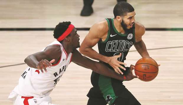 Jayson Tatum of the Boston Celtics drives the ball as Pascal Siakam of the Toronto Raptors defends during the fourth quarter in Game Seven of the Eastern Conference Second Round during the 2020 NBA Playoffs at the ESPN Wide World Of Sports Complex in Lake Buena Vista, Florida. (Getty Images/AFP)