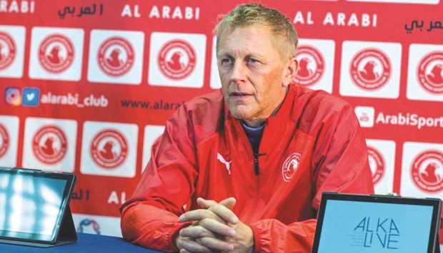 Al Arabi coach Heimir Hallgrimsson speaks at a press conference yesterday.