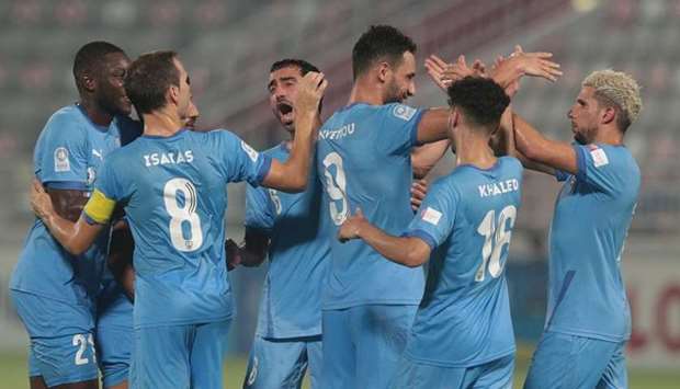 Al Wakrah players celebrate their win over Umm Salal yesterday.