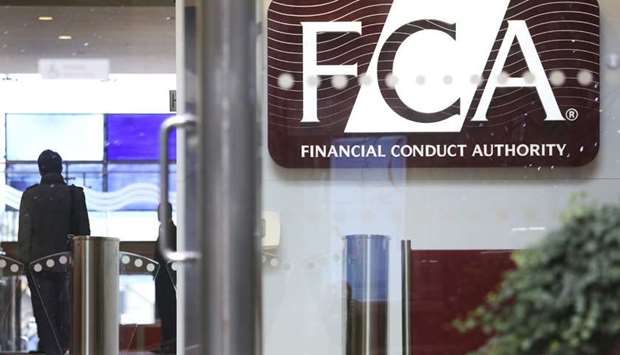 A logo is seen on display at the headquarters of the Financial Conduct Authority (FCA) in London