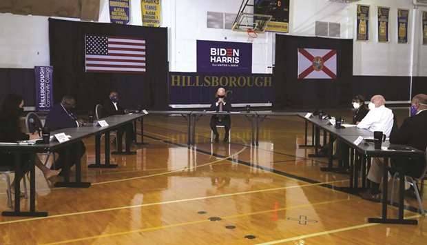 Democratic US presidential nominee and former vice president Joe Biden holds a roundtable discussion with veterans at Hillsborough Community College in Tampa, Florida, US, yesterday.