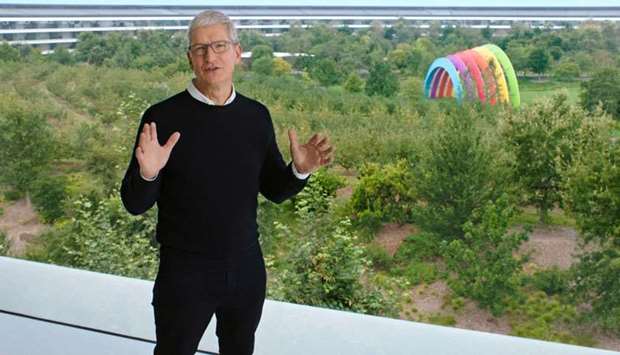 Apple CEO Tim Cook speaks during a special event at the company's headquarters of Apple Park in a still image from video taken in Cupertino, California, on Tuesday. Even though Apple stock has fallen from a record high earlier this month, it remains near a $2tn stock market valuation.