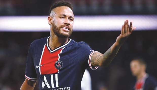 Paris St Germainu2019s Neymar reacts during their Ligue 1 match against Olympique de Marseille in Paris on Sunday. b(Reuters)
