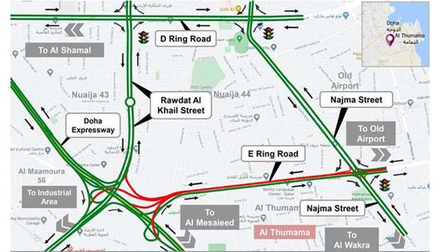 Closure for vehicles coming from Najma Street and E Ring Road towards Mesaimeer Interchangernrn