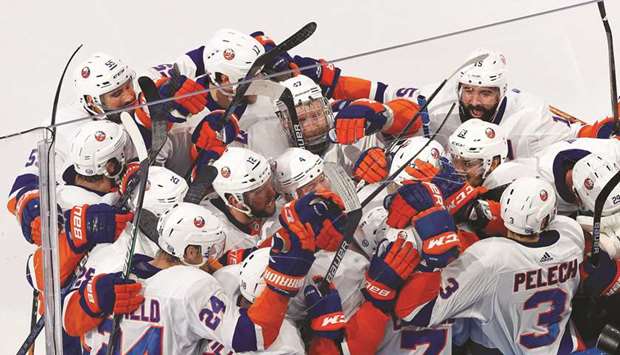 New York Islanders celebrate the game-winning goal scored by right wing Jordan Eberle against the Tampa Bay Lightning following the second overtime period in game five of the Eastern Conference Final of the 2020 Stanley Cup Playoffs on Tuesday. PICTURE: Perry Nelson-USA TODAY Sports