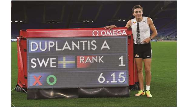 Sweden Armand Duplantis poses after setting the highest-ever pole vault during the IAAF Diamond League in Rome yesterday. (AFP)