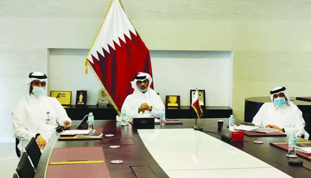 HE President of the Qatar Football Association (QFA) Sheikh Hamad bin Khalifa bin Ahmed al-Thani (centre), participated in the 70th FIFA Congress via video conferencing, along with QFA Executive Committee member Hani Ballan and General Secretary Mansoor al-Ansari (left).