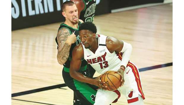 Miami Heat forward Bam Adebayo (13) drives to the basket as Boston Celtics center Daniel Theis (27) defends during the fourth quarter in game two of the Eastern Conference Finals of the 2020 NBA Playoffs at ESPN Wide World of Sports Complex in Florida on Thursday. PICTURE: Kim Klement-USA TODAY Sports