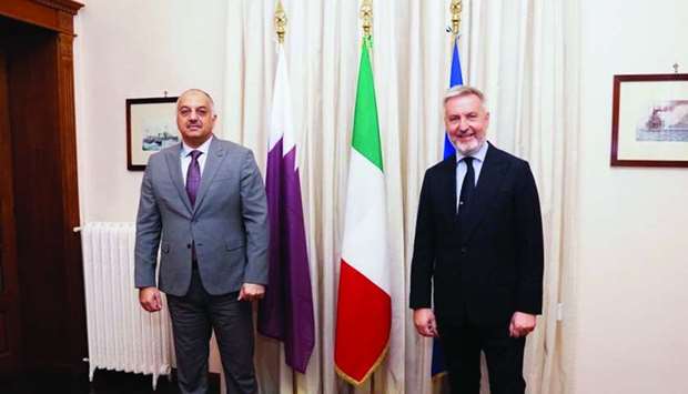 HE the Deputy Prime Minister and Minister of State for Defence Affairs Dr Khalid bin Mohamed al Attiyah meets with Italian Minister of Defence Lorenzo Guerini.