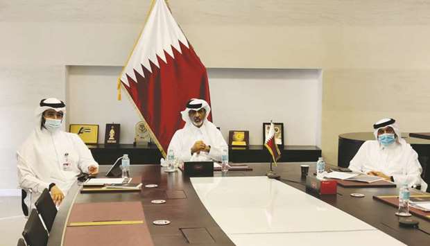 HE the President of the Qatar Football Association (QFA) Sheikh Hamad bin Khalifa bin Ahmed al-Thani (centre), participated in the 70th FIFA Congress via video conferencing, along with QFA Executive Committee member Hani Ballan and General Secretary Mansoor al-Ansari (left).